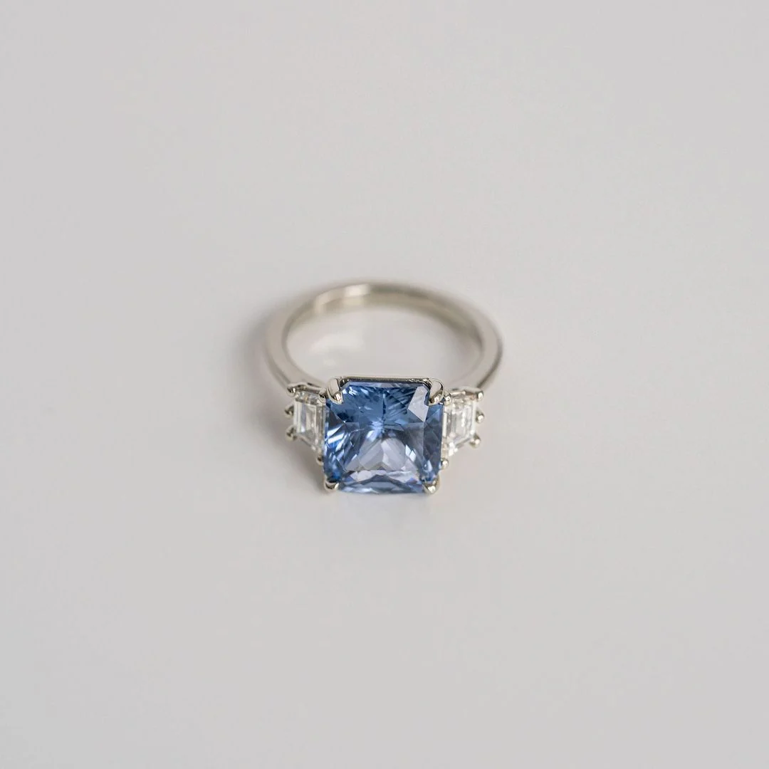 Radiant Cut Blue Sapphire With Trapezoid Diamond Accents - Image 3