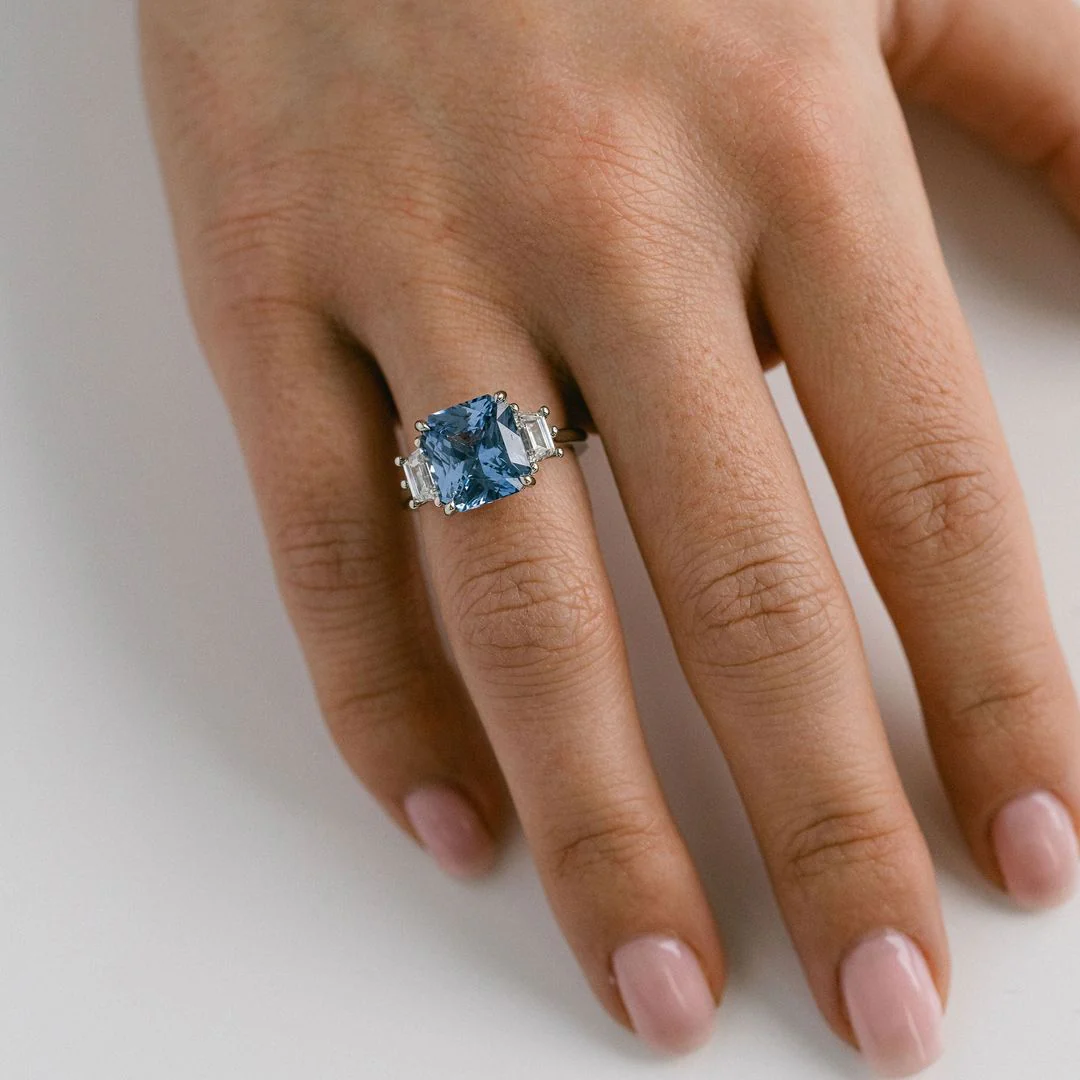 Radiant Cut Blue Sapphire With Trapezoid Diamond Accents - Image 5