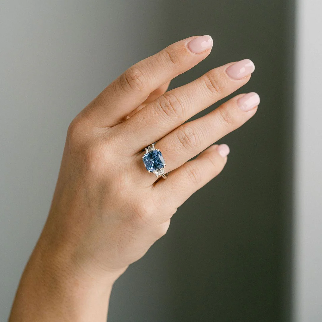 Radiant Cut Blue Sapphire With Trapezoid Diamond Accents - Image 6
