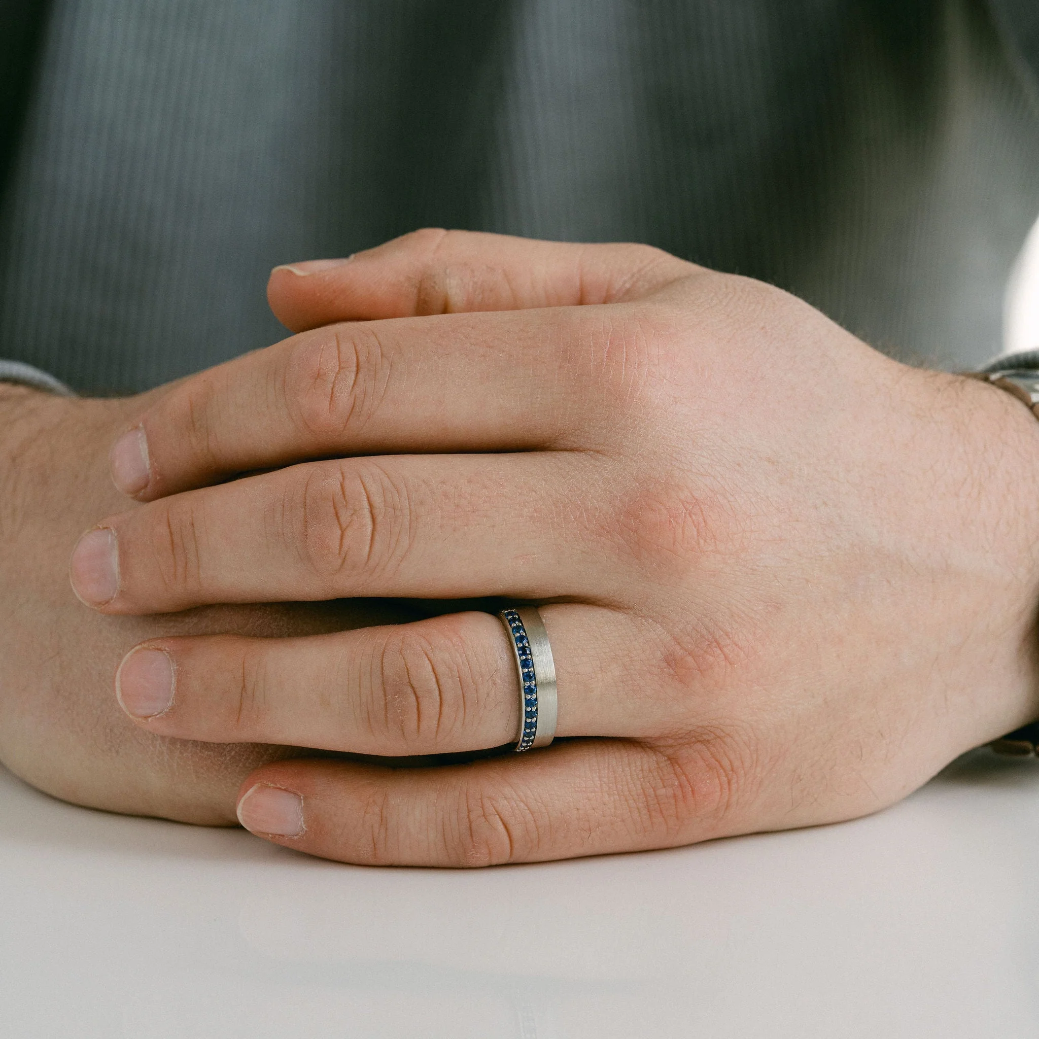 Flat Brushed Mens Band With Offset Pavé Sapphires - Image 4