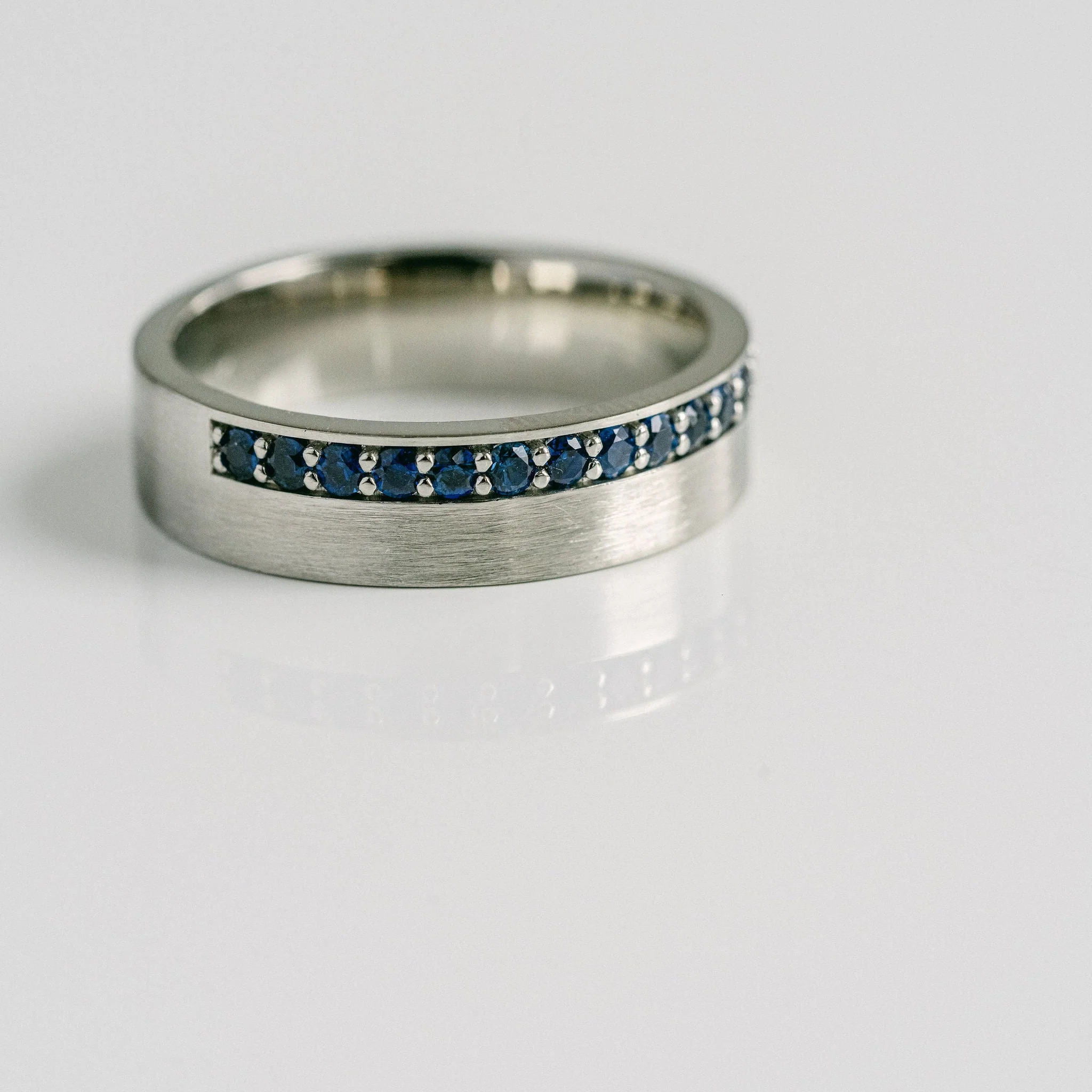 Flat Brushed Mens Band With Offset Pavé Sapphires - Image 5