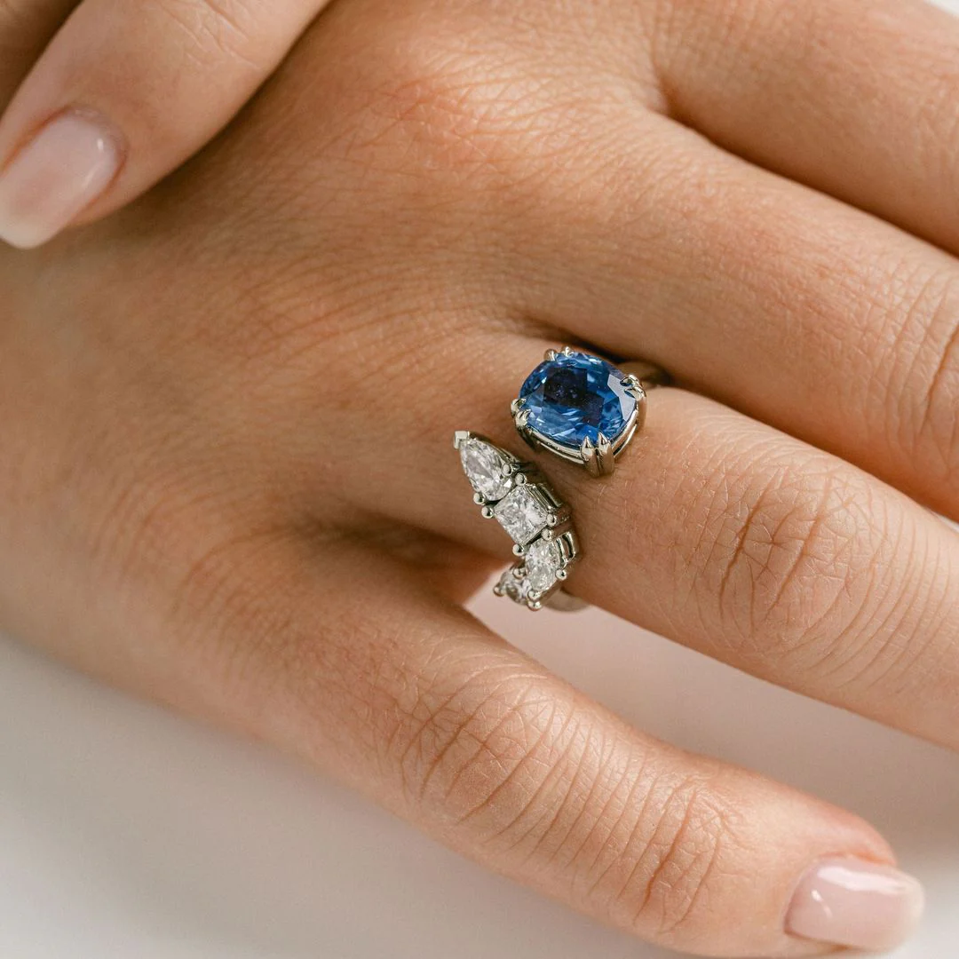 Cushion Cut Blue Sapphire Gap Ring With Diamonds - Image 7