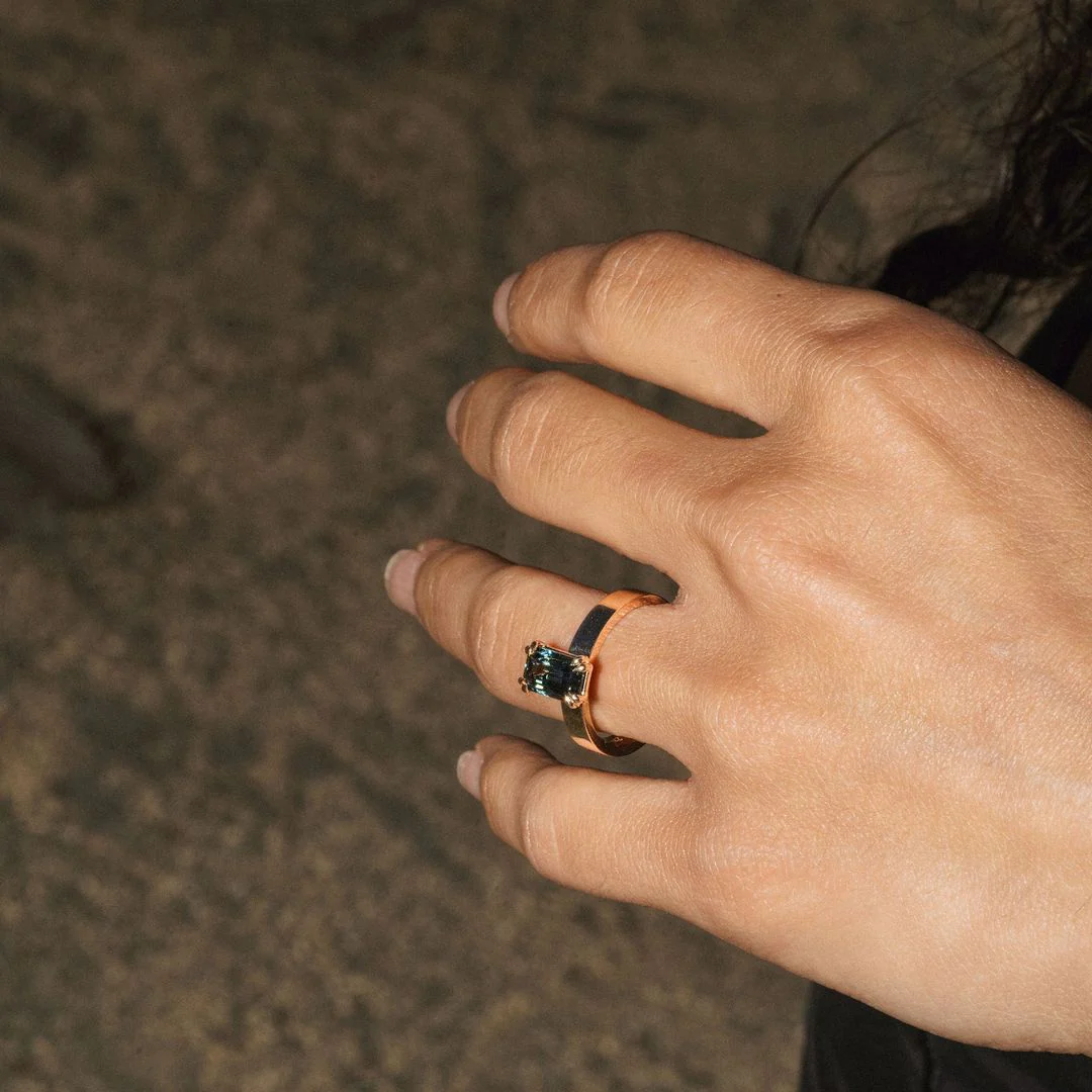 Emerald Cut Double Prong Blue-Green Sapphire Ring - Image 3