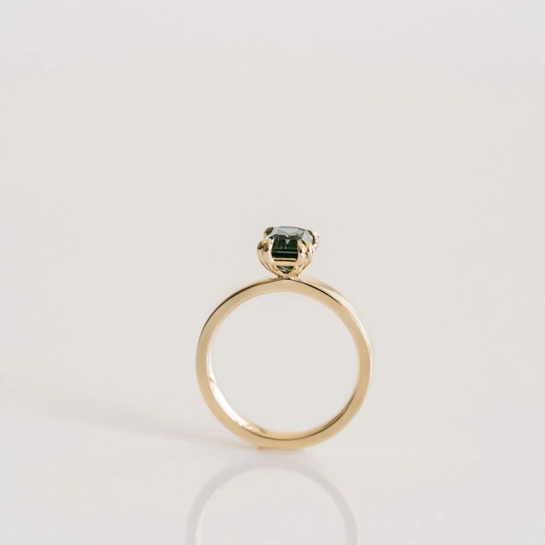 Emerald Cut Double Prong Blue-Green Sapphire Ring - Image 5