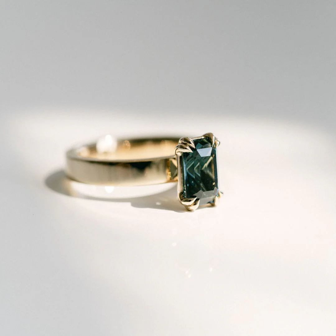 Emerald Cut Double Prong Blue-Green Sapphire Ring - Image 6