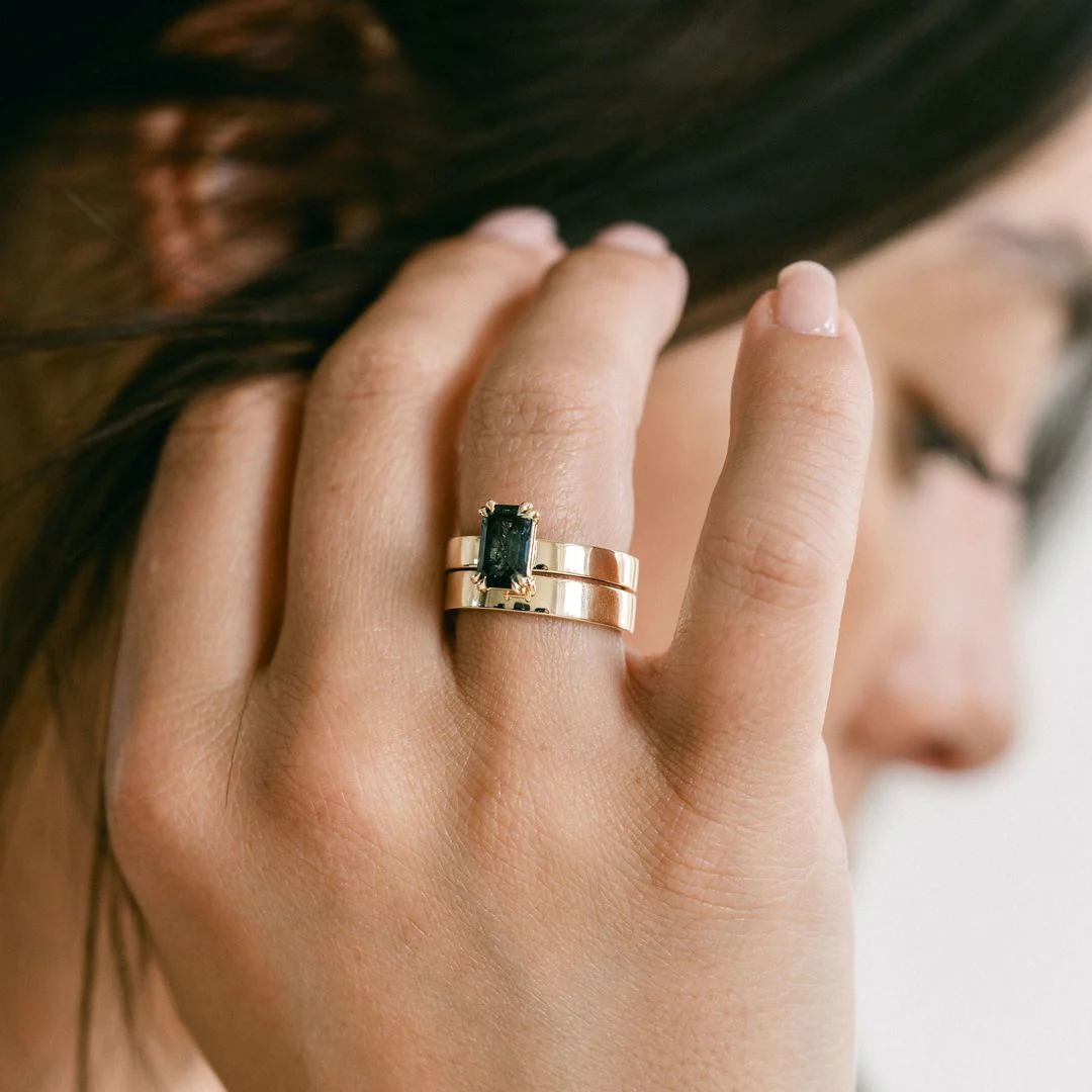 Emerald Cut Double Prong Blue-Green Sapphire Ring - Image 8