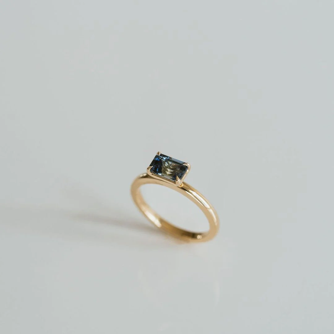 Emerald Cut East-West Blue Green Sapphire Solitaire - Image 3