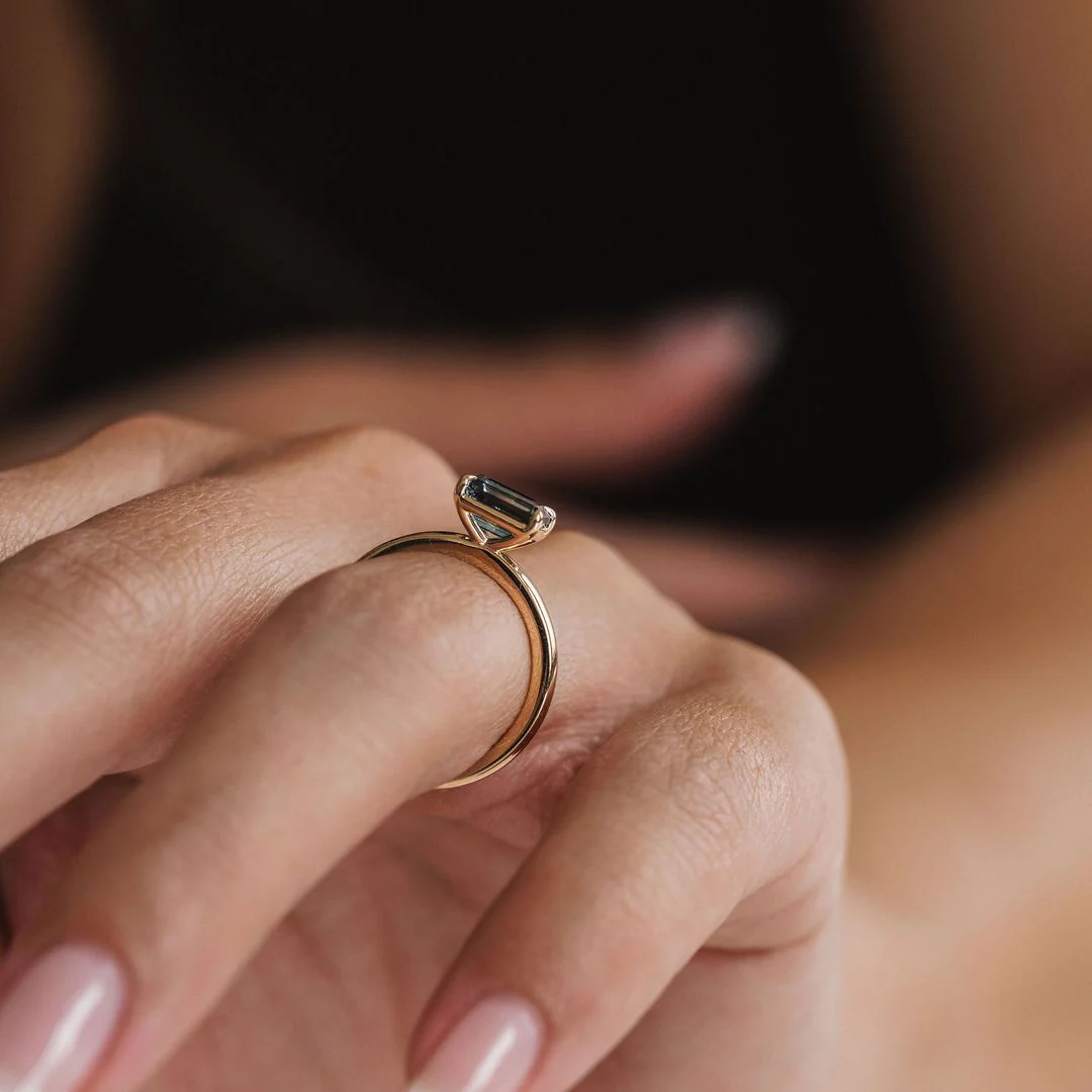 Emerald Cut East-West Blue Green Sapphire Solitaire - Image 4