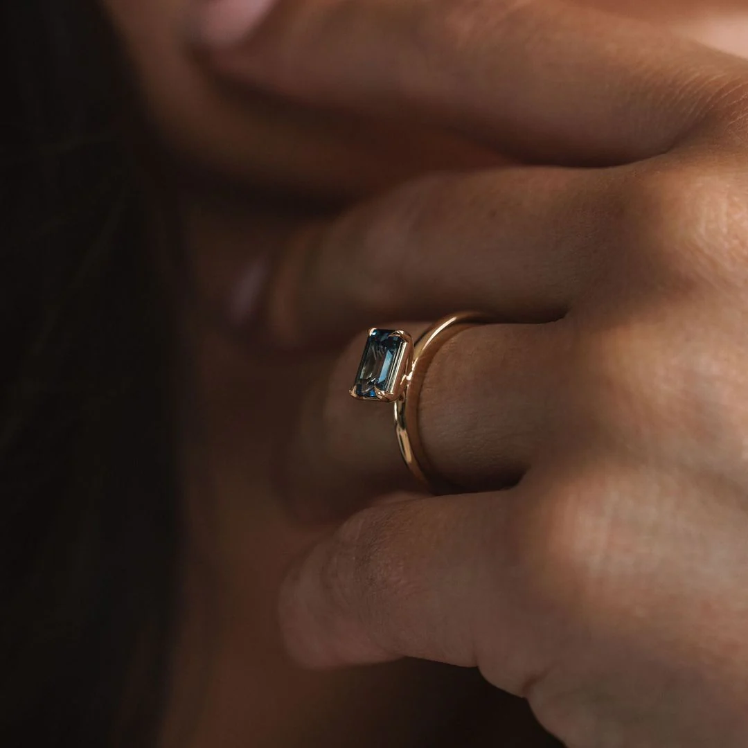 Emerald Cut East-West Blue Green Sapphire Solitaire - Image 5