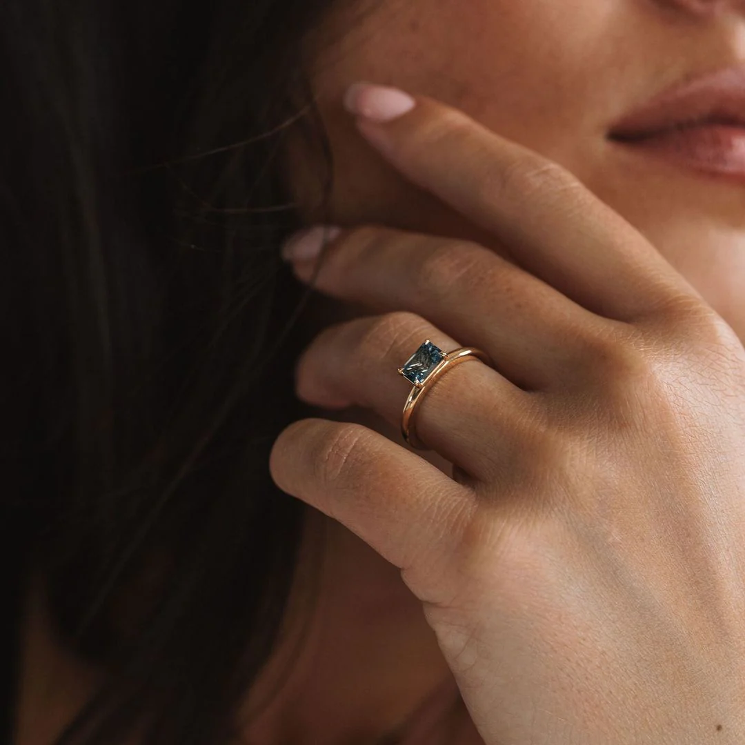 Emerald Cut East-West Blue Green Sapphire Solitaire - Image 6