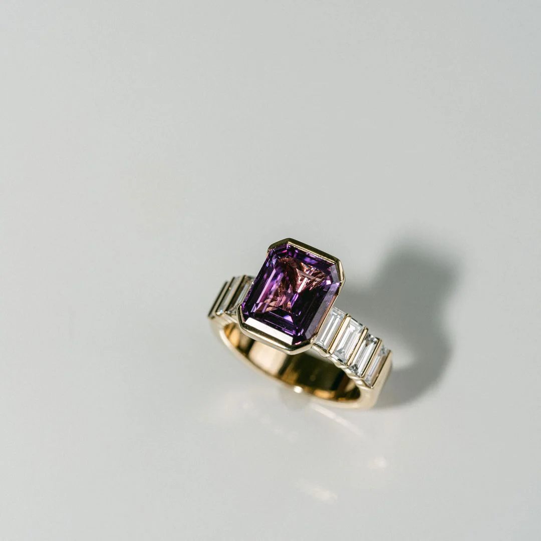 Emerald Cut Vivid Pink Sapphire Half Bezel With Bar Set Baguette Diamond Band - Image 3