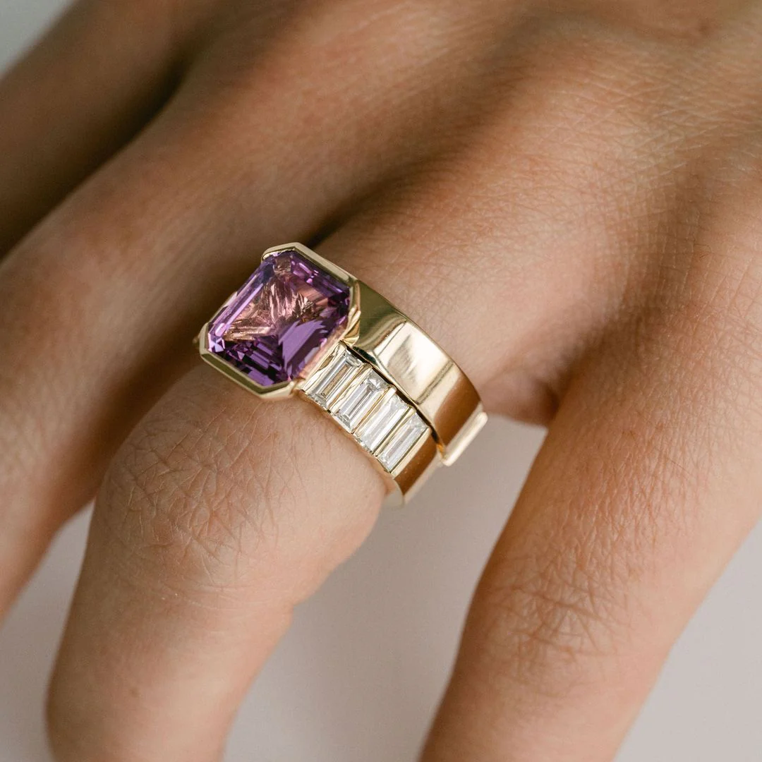 Emerald Cut Vivid Pink Sapphire Half Bezel With Bar Set Baguette Diamond Band - Image 5