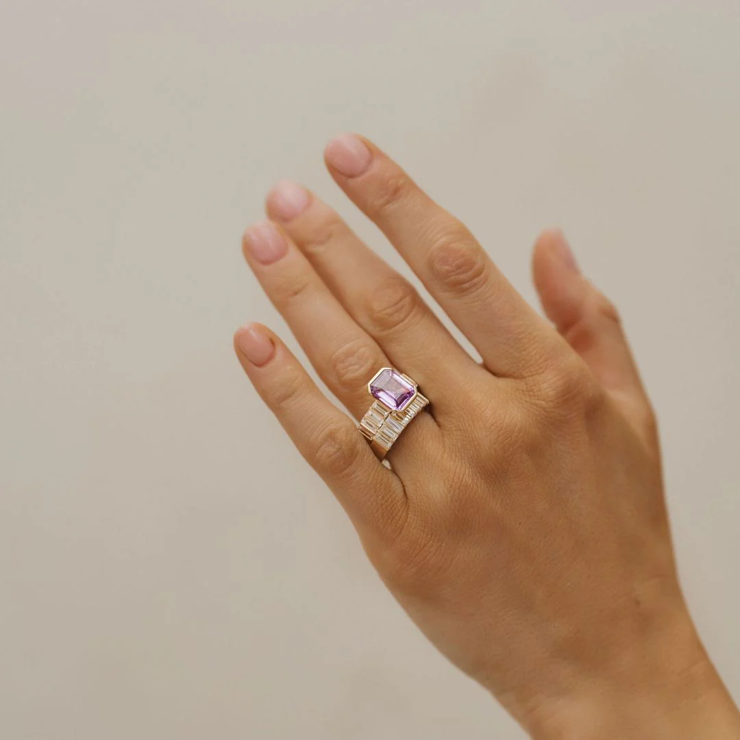 Emerald Cut Vivid Pink Sapphire Half Bezel With Bar Set Baguette Diamond Band - Image 6