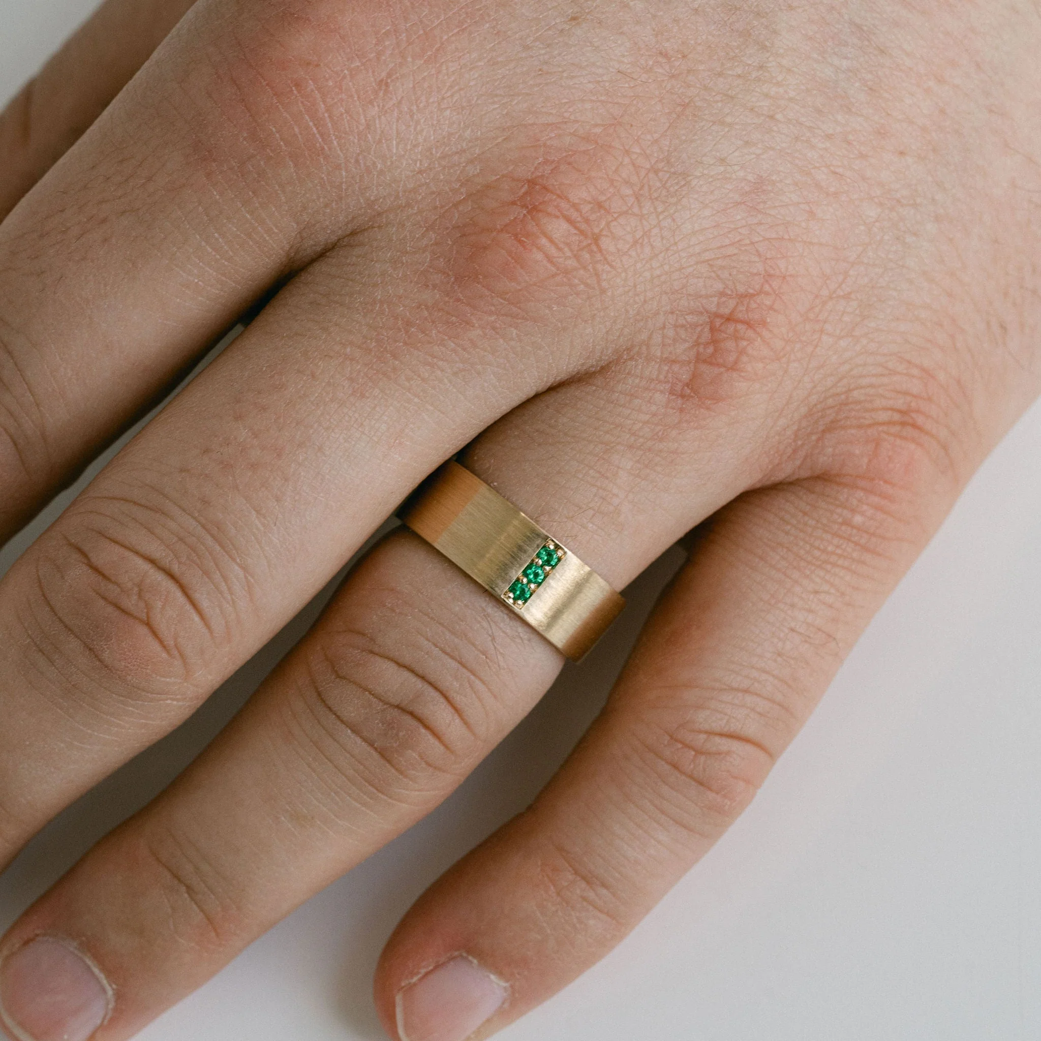 Flat Brushed Mens Band With Pavé Emeralds - Image 5