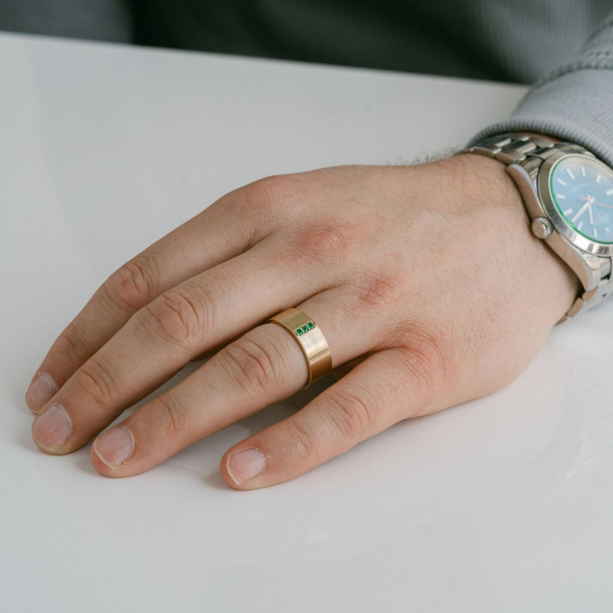 Flat Brushed Mens Band With Pavé Emeralds - Image 6