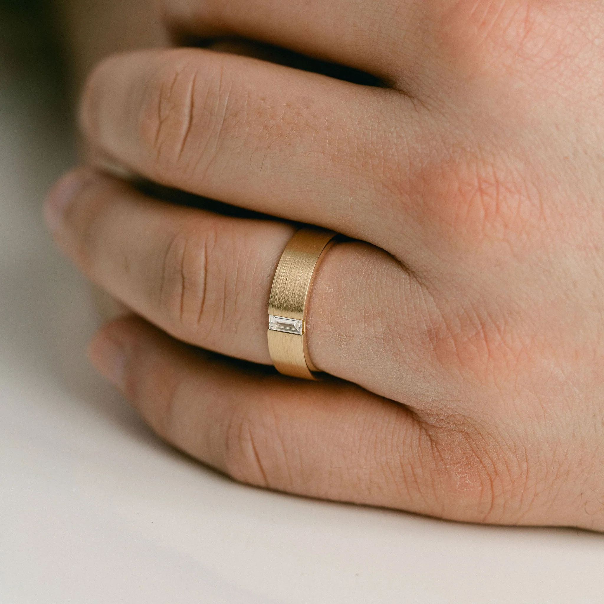 Flat Brushed Mens Band With Baguette Diamond - Image 6