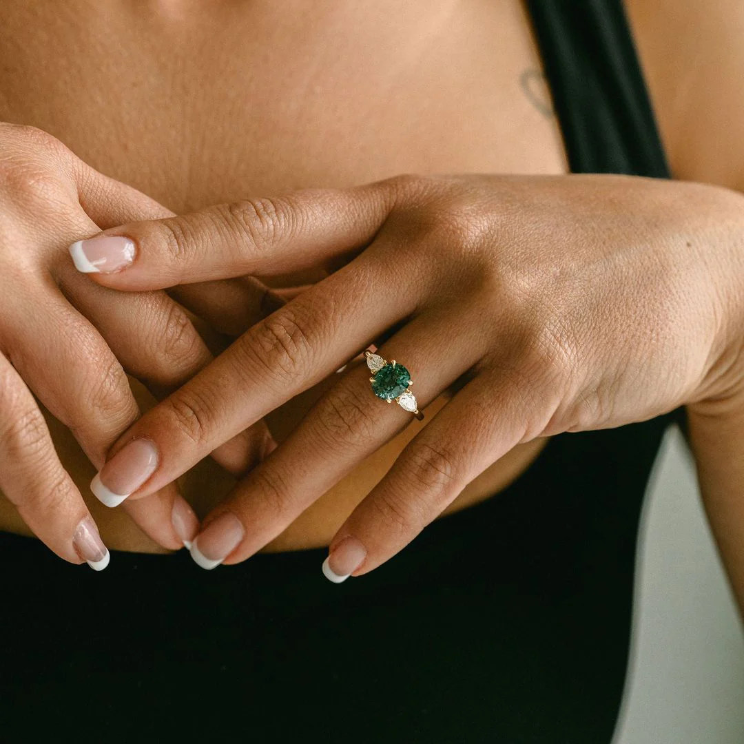 Oval Blue-Green Sapphire With Pear Shape Diamond Accents - Image 5