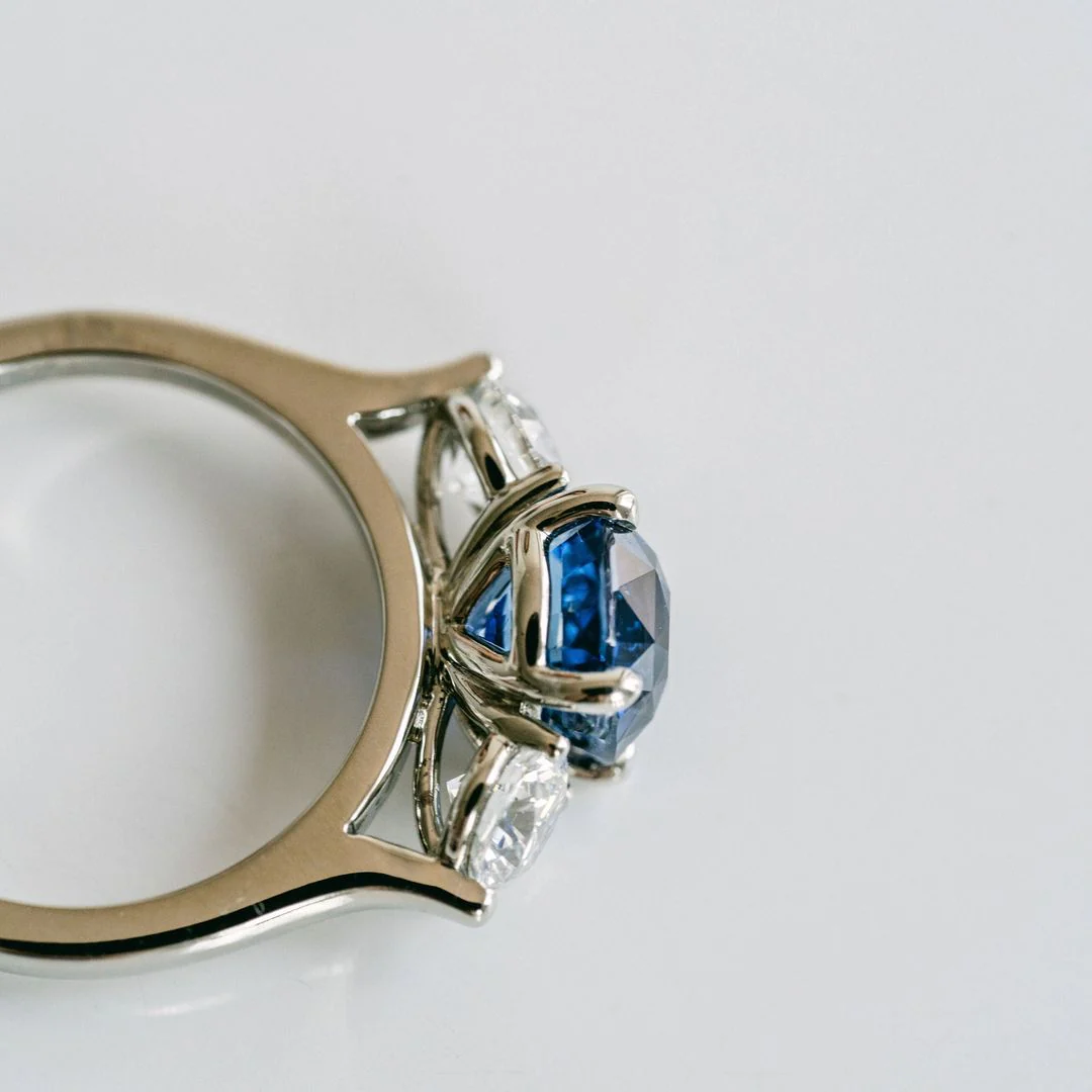 Square Cushion Cut Blue Sapphire With Round Diamond Accents - Image 3