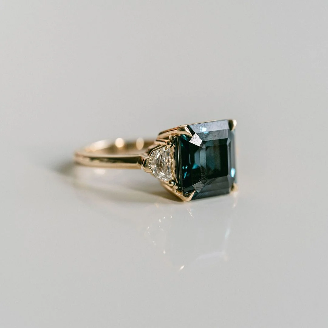 Square Emerald Cut Blue-Green Sapphire with Cadillac Diamond Accents - Image 4