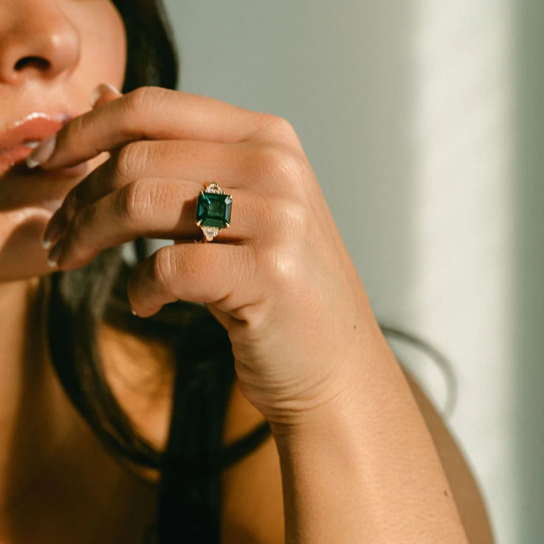 Square Emerald Cut Blue-Green Sapphire with Cadillac Diamond Accents - Image 5